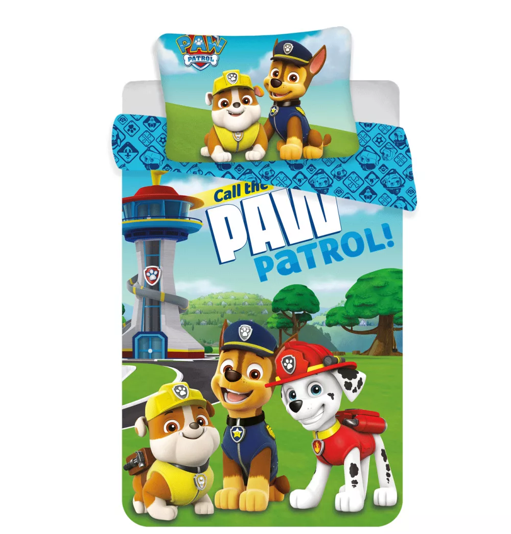 Chlapčenské posteľné obliečky PAW PATROL Tower modro zelené 100x135cm/40x60cm